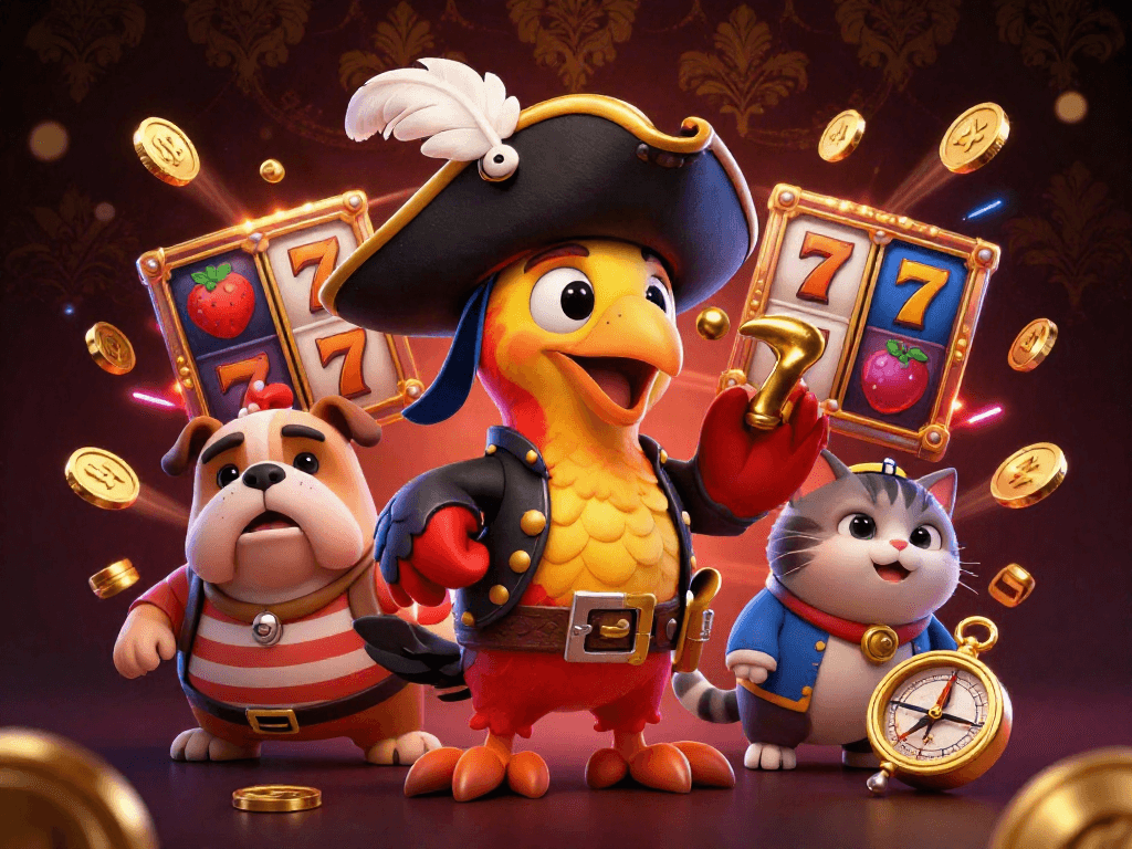 Explore exciting slot adventures with a pirate parrot in a vibrant 3D casino scene.