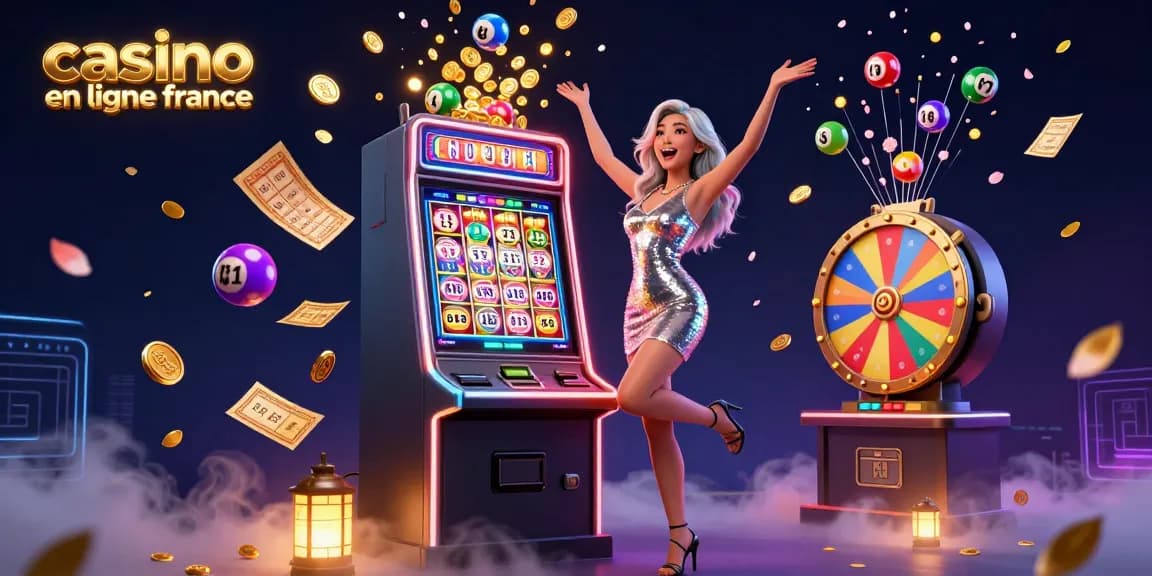 Participez à l'excitation du casino en ligne France avec une joyeuse célébration de machines à sous, des pièces d'or et des éléments de jeu vibrants.