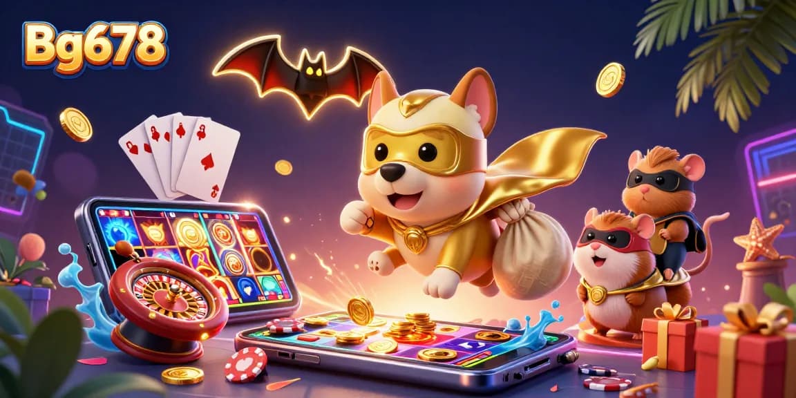Experience thrilling gameplay at Bg678 with a superhero dog and hamster amidst dazzling casino elements.