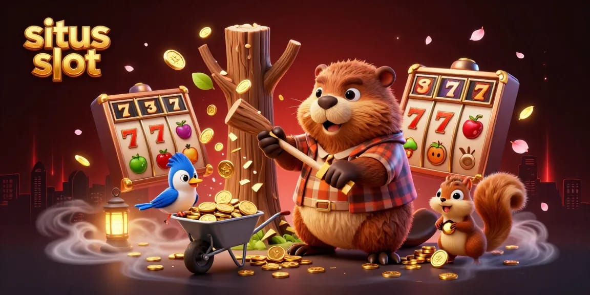 Situs slot yang menyenangkan dengan karakter hewan 3D mengumpulkan koin emas dan simbol mesin slot yang berkilauan.