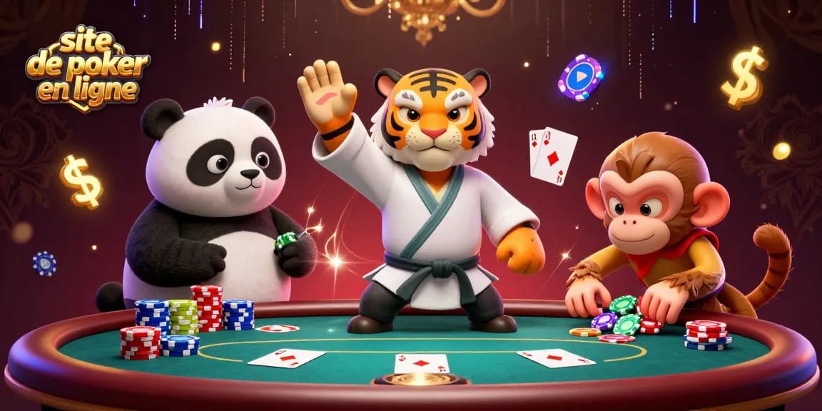 Jouez sur un site de poker en ligne avec une table de poker animée où un tigre maître caricatural gagne avec un jeu royal.