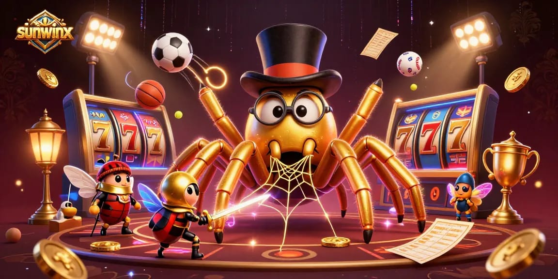 Engage with sunwinx at the casino featuring a golden tarantula and beetle knight amidst vibrant game elements.