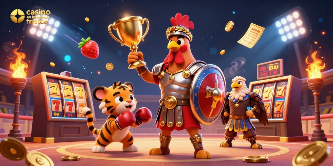 Jouez aux machines à sous au casino en ligne France, avec un coq gladiateur dans une arène dynamique.