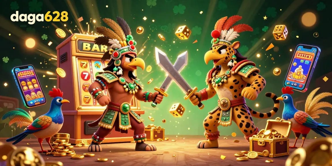 daga628 features a vibrant cockfighting arena filled with energetic action and casino elements.