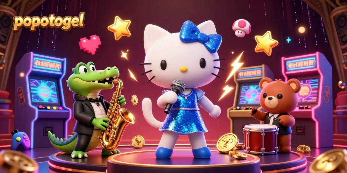 Experience popotogel excitement with vibrant casino-themed 3D illustration featuring lively gaming characters.