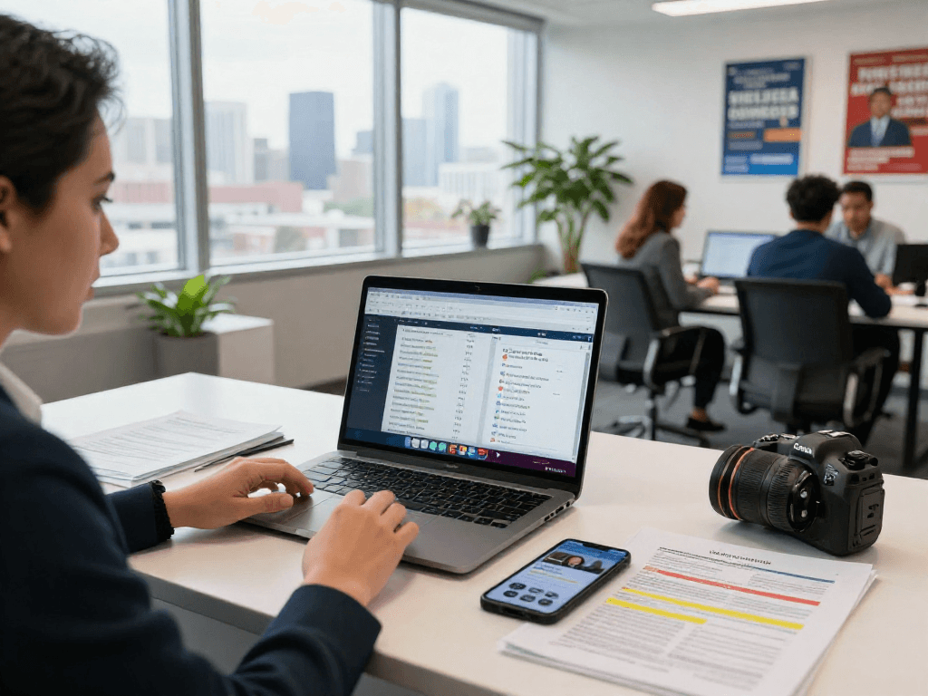 Online reputation management for candidates in a modern campaign office setting, showcasing collaboration and strategy.