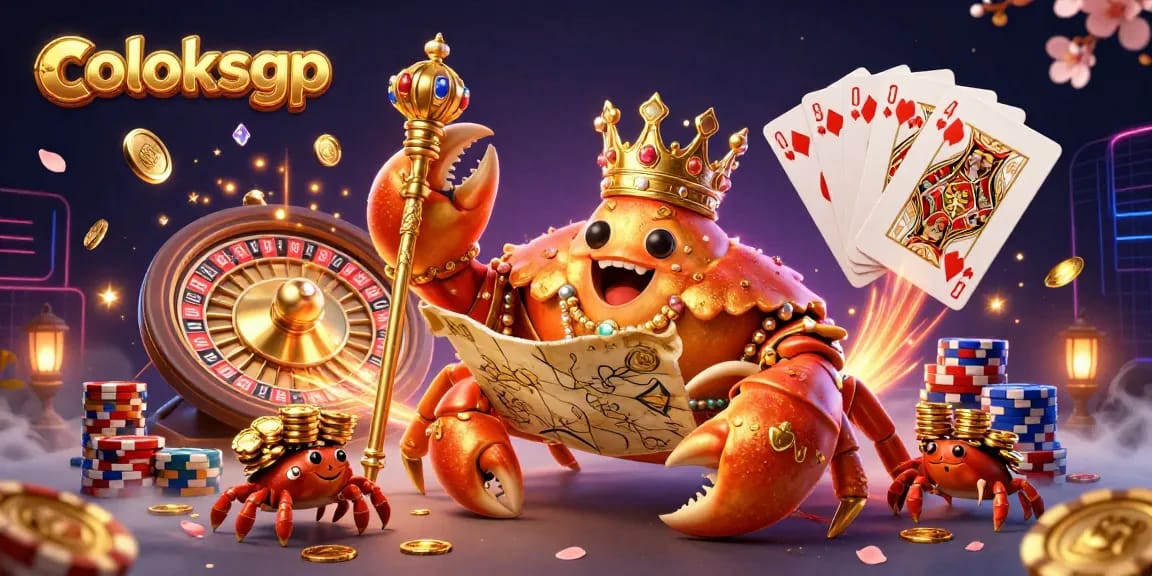 Engage with coloksgp's vibrant casino atmosphere featuring a golden crab emperor, treasure map, and dynamic game elements.