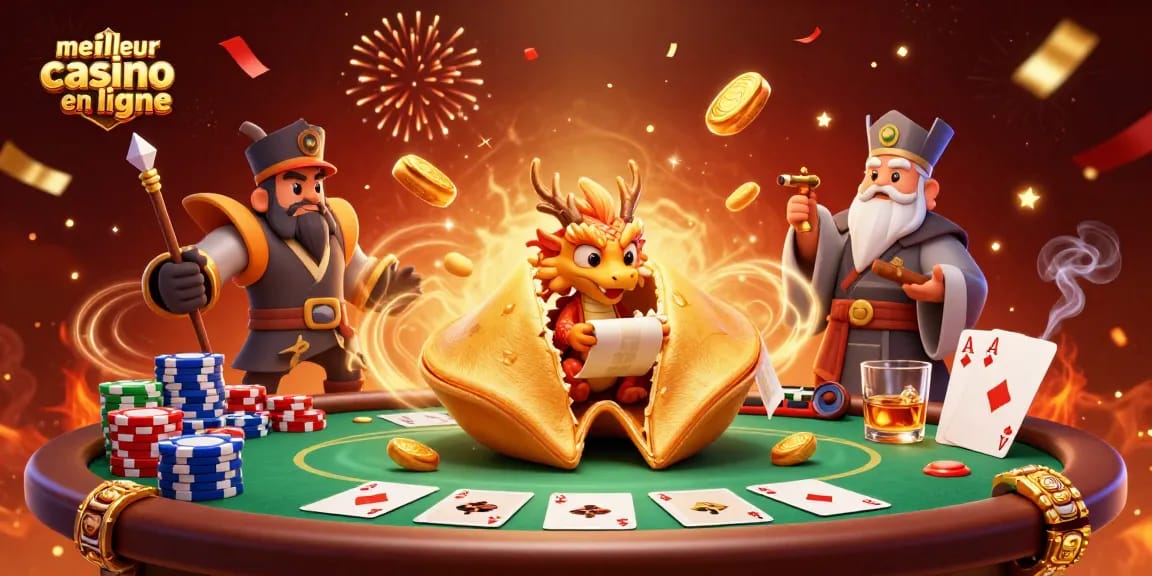 Meilleur casino en ligne avec un dragon sage et des guerriers autour d'une table de poker