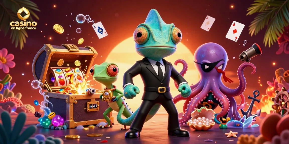 Vivez l'expérience du casino en ligne France avec un agent en costume, machines à sous et trésors