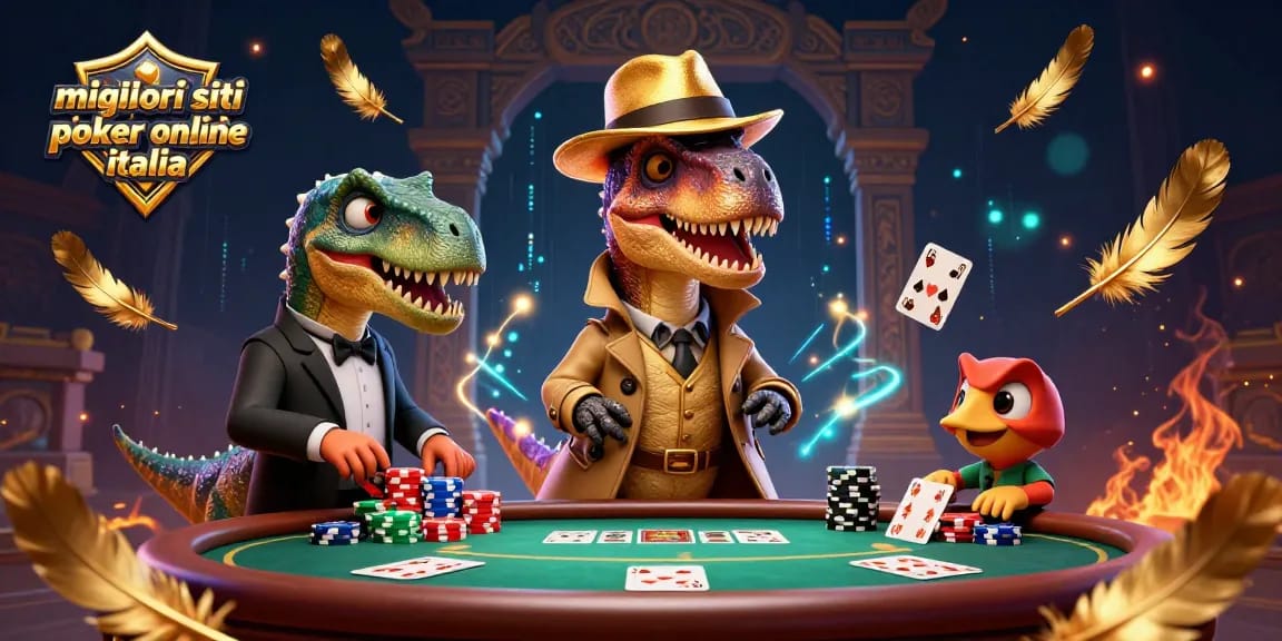 Illustrazione 3D di un velociraptor al tavolo di poker con stegosaurus e compy, per "migliori siti poker online in Italia".