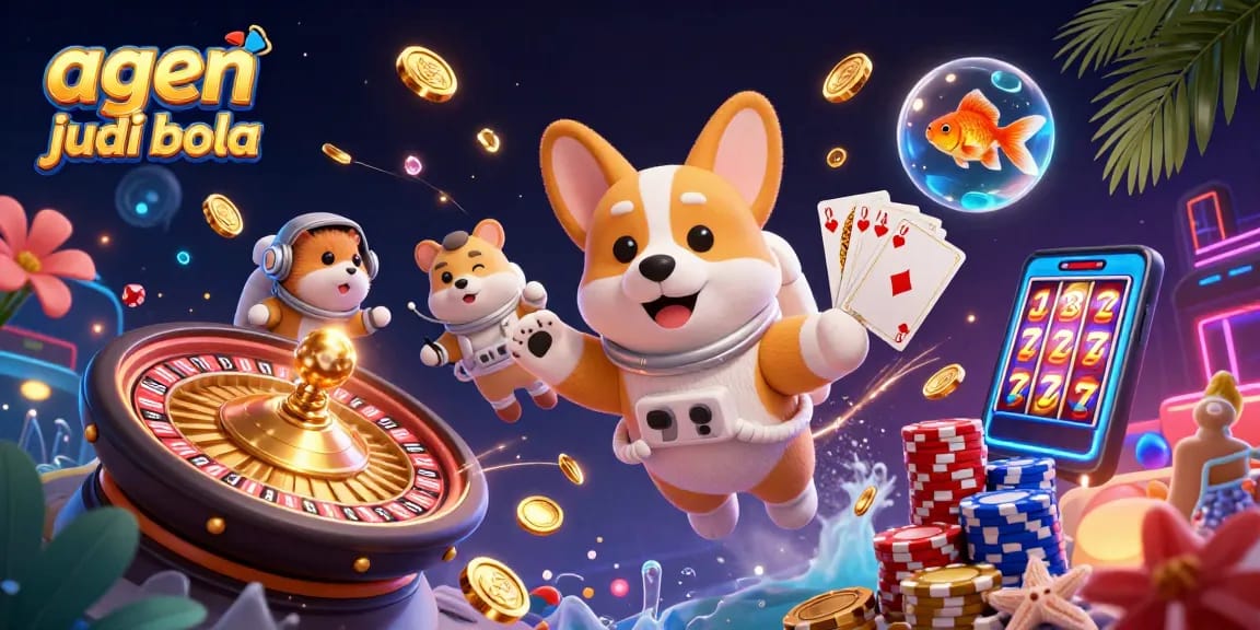 Experience the thrill of agen judi bola with a vibrant casino scene featuring a corgi, hamster, and goldfish.