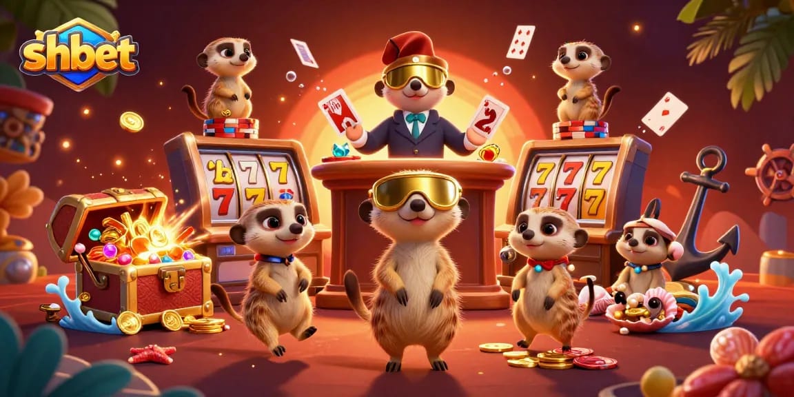 Engage in thrilling shbet casino action with meerkats showcasing card games and slot reels, vibrant and dynamic.
