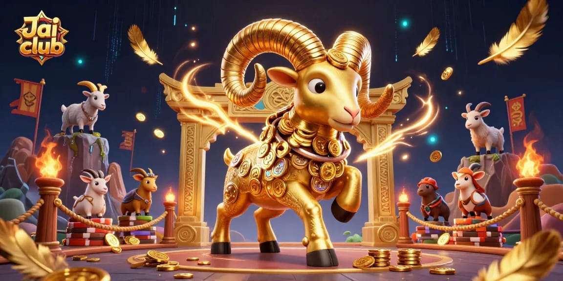 Engage in thrilling action at Jai club with a golden ram charging through a vibrant casino illustration.