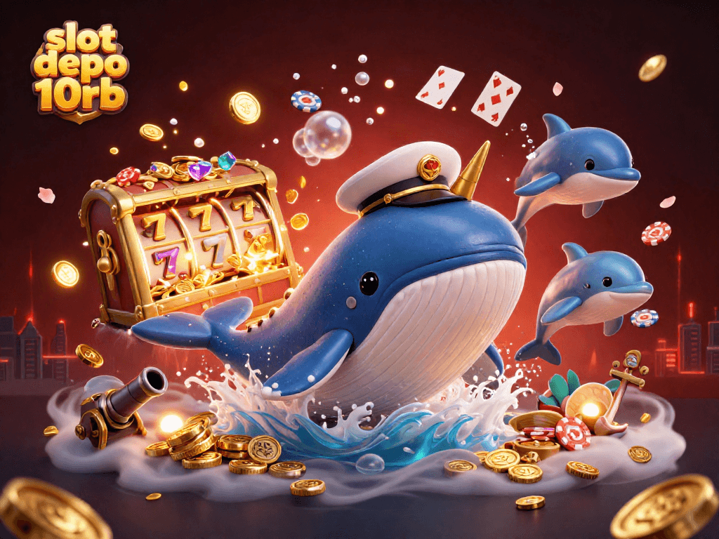 Win big with slot depo 10rb: A spectacular scene of whales, narwhals, and dolphins amidst ocean treasures.