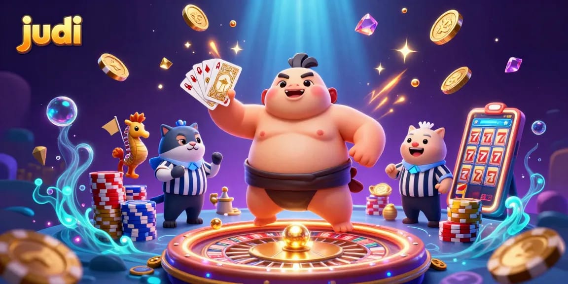 Spin to win with judi in this vibrant underwater casino scene featuring a fugu and catfish.