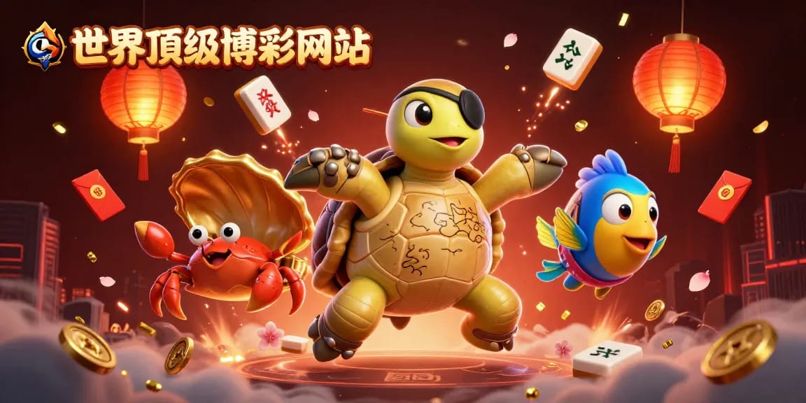 在這幅插畫中,世界頂級博彩網站的主題呈現出3D卡通海盜龜與金色貝殼的蟹和戴著小頭巾的魚,氛圍活潑。