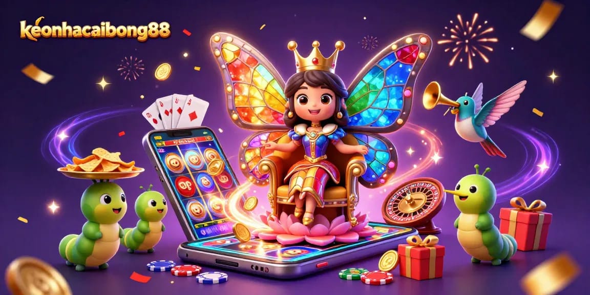 Engage with keonhacaibong88's vibrant casino world featuring a butterfly queen and game elements.