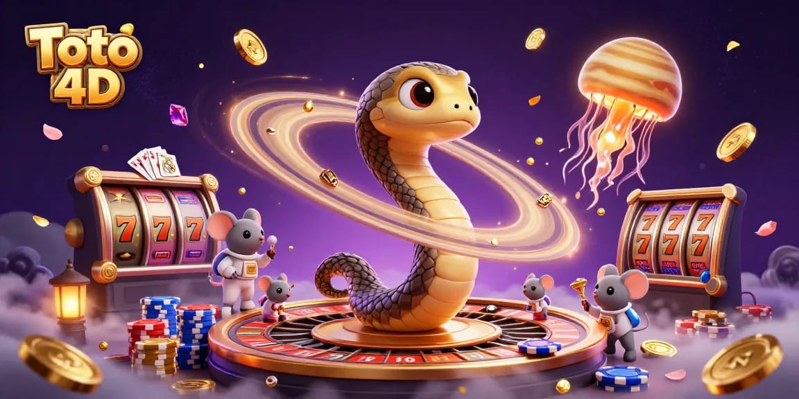 Engage with Toto 4D through captivating cosmic gambling imagery featuring cartoon characters and slot elements.