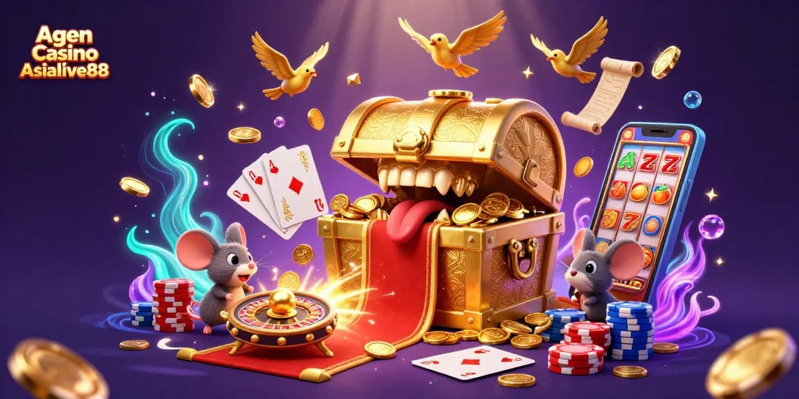Agen Casino Asialive88 showcases an enticing treasure scene with vibrant slot machines and interactive elements.