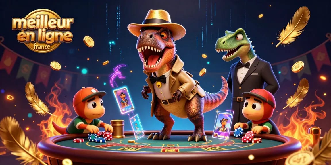 Jouez au meilleur casino en ligne France avec un velociraptor au blackjack entouré de feux d'artifice et de jetons.