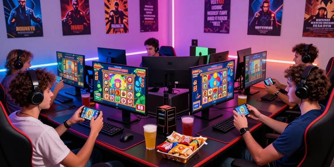 Engaged players enjoying deposit pulsa tanpa potongan gaming experience surrounded by vibrant ambient lighting and snacks.