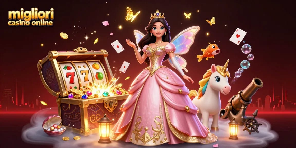 Vivi l'emozione dei migliori casino online attraverso un'illustrazione 3D vibrante con elementi incantevoli.