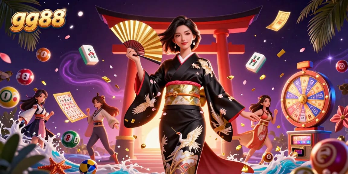Engaging in the vibrant world of gg88, a stylish Asian woman elegantly celebrates with luck-themed elements around her.