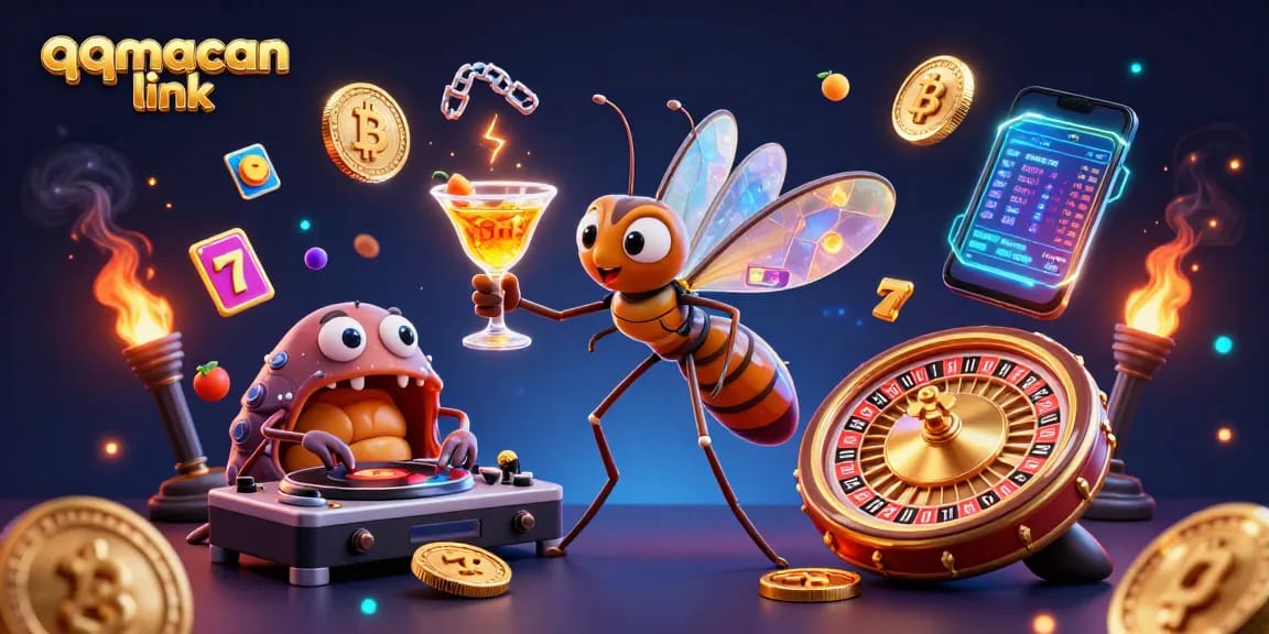 Engaging visual showcasing qqmacan link in a vibrant 3D casino-themed scene filled with slot symbols.