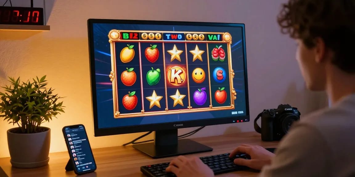 Player focused on slot game on computer, vibrant graphics and cozy atmosphere enhance online gambling experience.