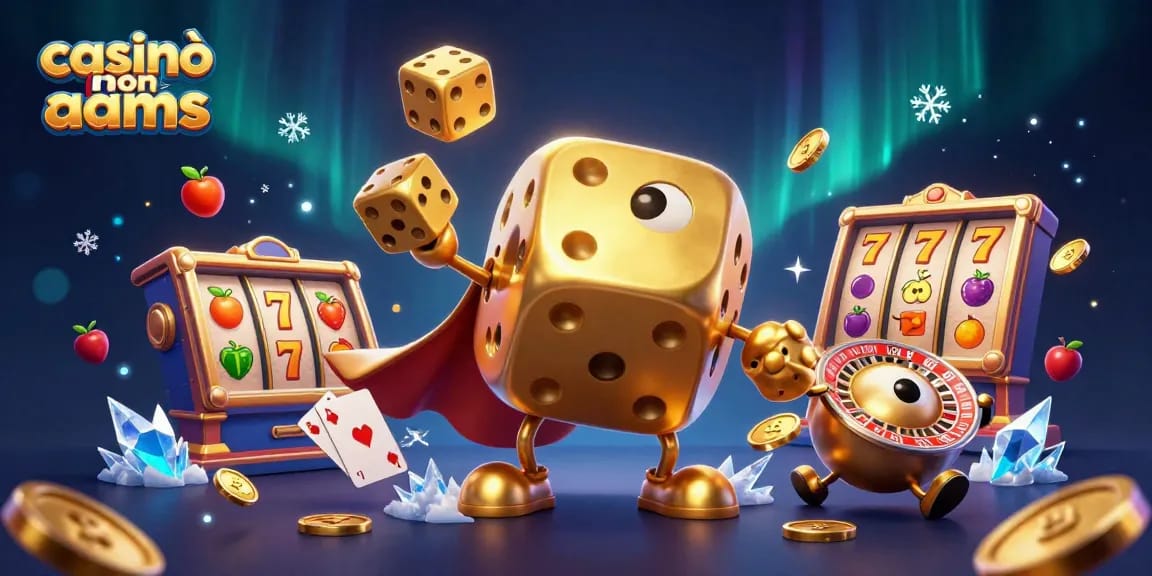 Giocare nei casinò non AAMS: un golem di dadi d'oro interagisce tra simboli di slot e monete.