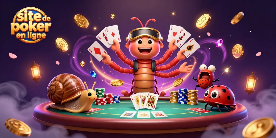 Le site de poker en ligne présente une scène dynamique avec un dealer cartoon, un joueur escargot et un pill bug entourés de jetons colorés.