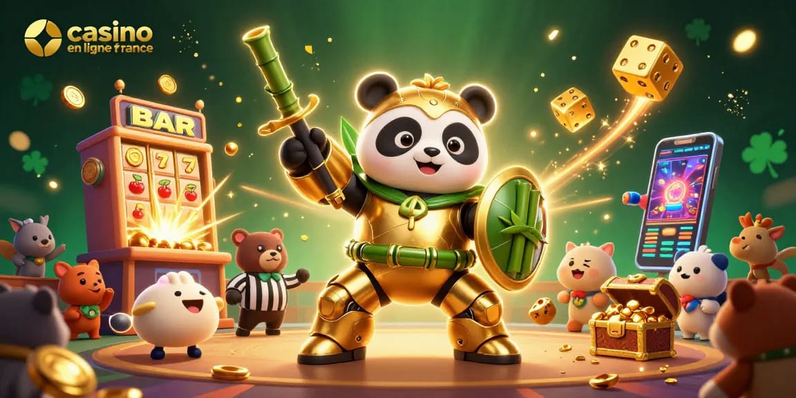 Jouez sur un casino en ligne France avec une illustration dynamique d'un panda doré dans une arène de jeu.