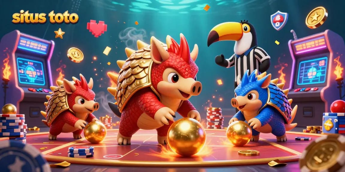 Engage in situs toto excitement with vibrant pangolins bowling through poker chips amidst a colorful arcade scene.