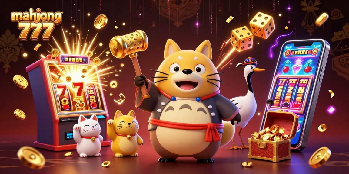 Experience mahjong 777 excitement with cheerful tanuki and fortune cats amidst a vibrant casino scene.