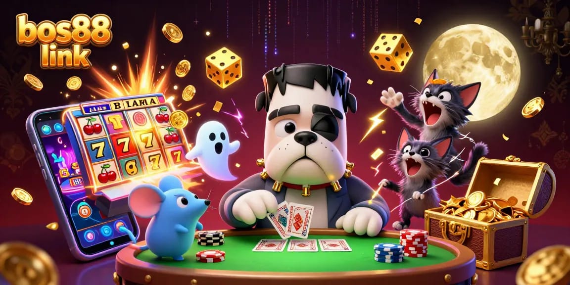 Experience thrilling gaming at bos88 link, where cartoon characters deal cards in a vibrant casino scene.