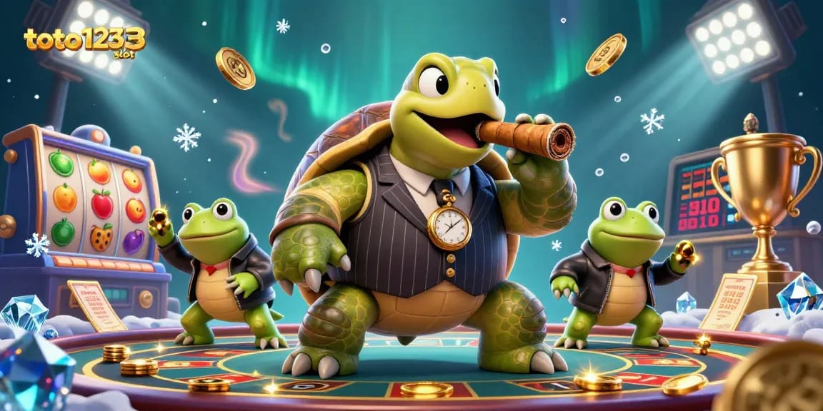 Toto123 slot offers casino fun with a 3D cartoon snapping turtle and exciting slot elements.