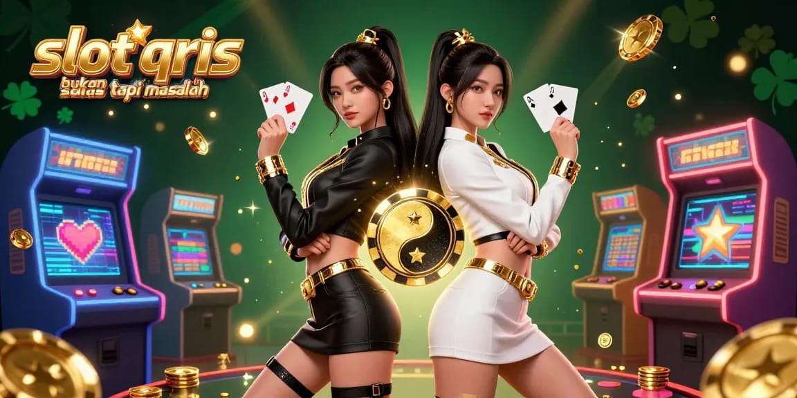 Engage with the dynamic illustration showcasing the slot qris bukan solusi tapi masalah with twin Asian women, cards, and vibrant casino elements.