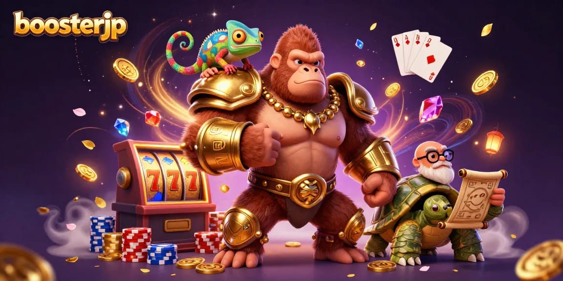 Boost your gameplay with boosterjp as a gorilla king, chameleon, and tortoise navigate gambling excitement.