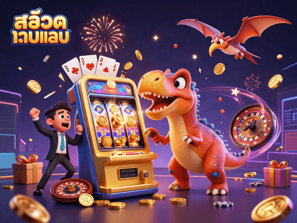 Exciting scene of สล็อตเว็บตรง casino action with dinosaurs and golden coins raining down.