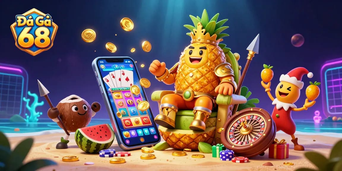 Engage with Đá Gà 68 as a 3D cartoon golden pineapple king enthralls in live cockfighting action.