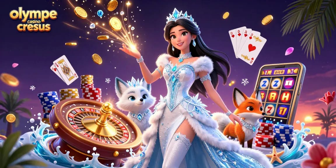 Découvrez le Casino Olympe Cresus avec des personnages époustouflants et des éléments de casino vibrants.