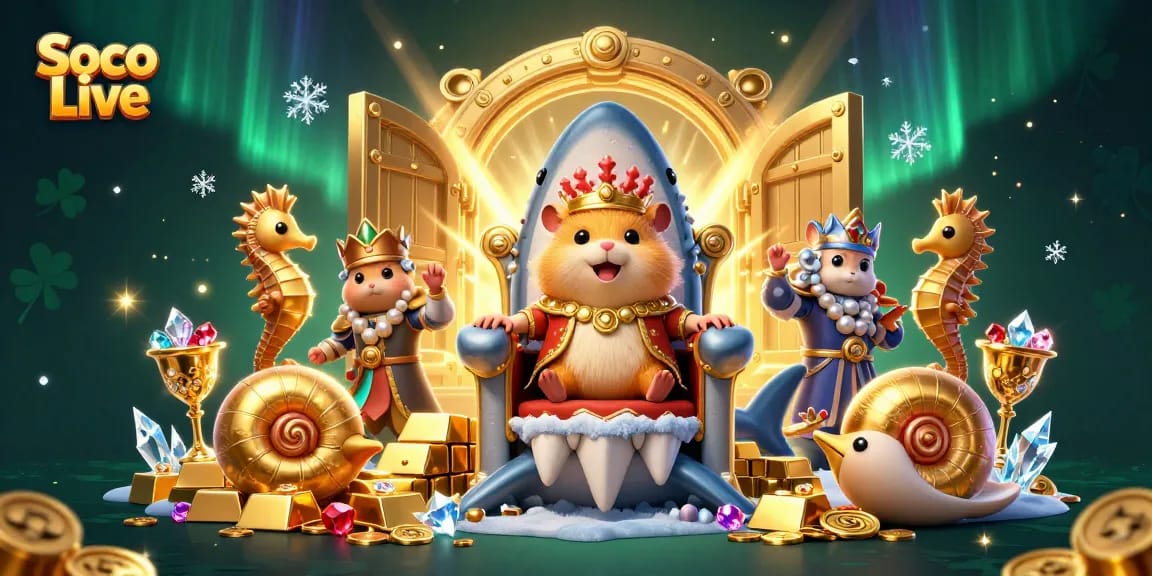 Soco Live platform showcases a vibrant gambling scene with a passionate hamster king and royal seahorse guards amid treasure.