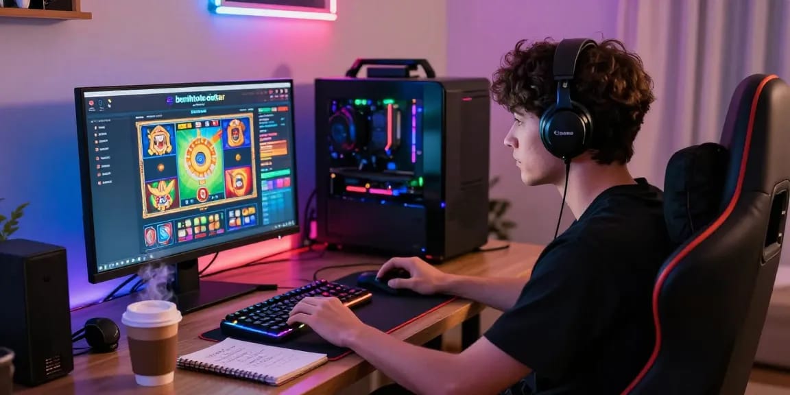Engaging gamer exploring benihtoto daftar platform in a vibrant gaming space