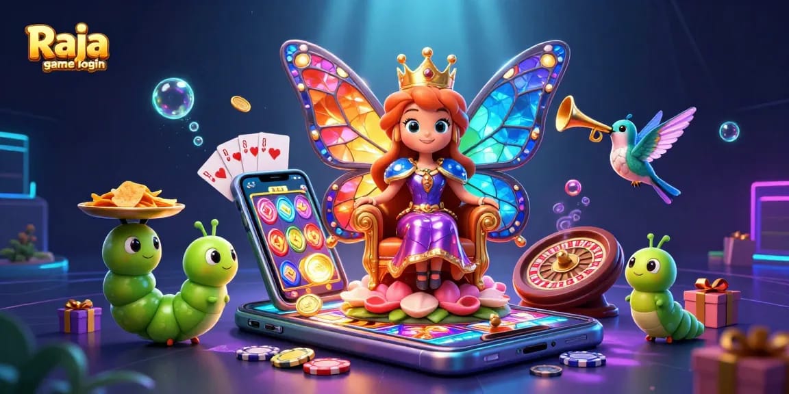 Engage in the Raja game login with vibrant, dynamic casino elements like chips and mobile slots.