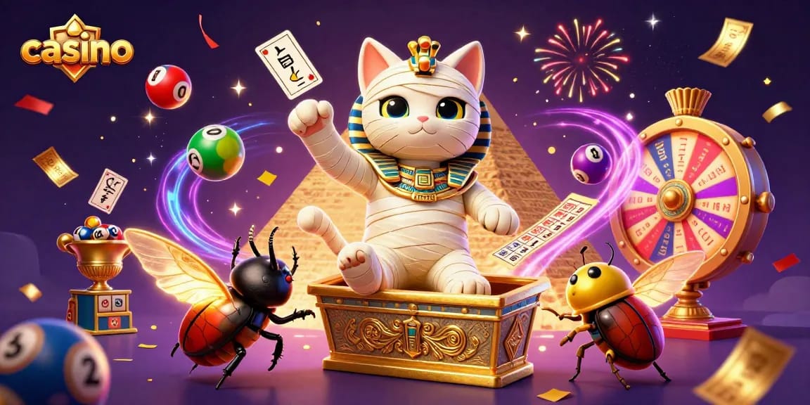Engage with the casino experience featuring a mummy cat, vibrant lottery balls, and magical elements.