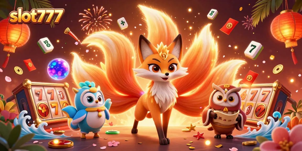 Win big with slot777: a vibrant 3D illustration of magical characters and casino elements.