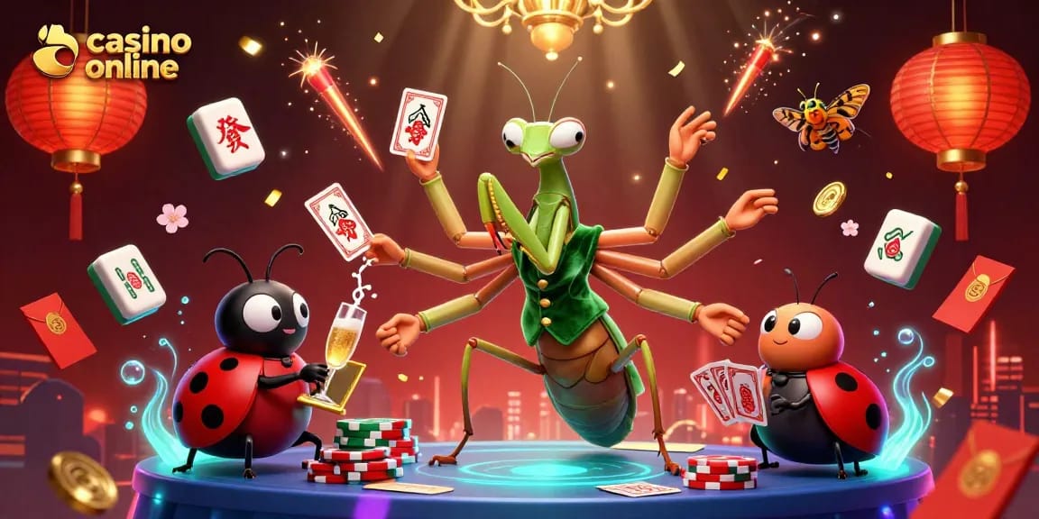 Scopri il mondo del casino online con un camaleontico card sharp e un pit boss in un'illustrazione 3D vivace.