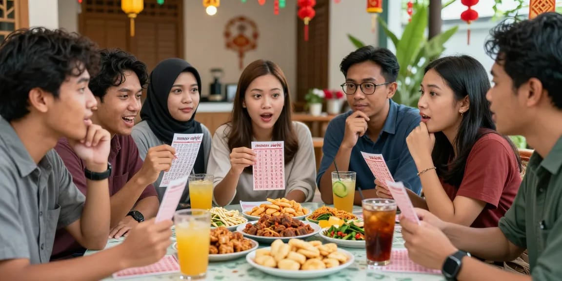 Teman-teman merayakan nomor rejeki mereka dengan makanan tradisional Indonesia di meja, berbagi kebahagiaan.
