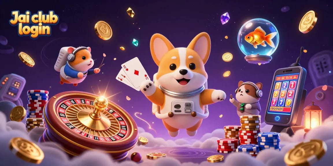 Engage in exciting games with Jai club login as a 3D corgi navigates a casino space station.