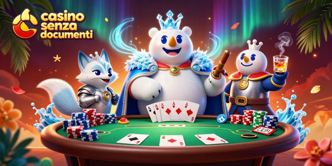 Partecipa all'emozione dei casino senza documenti con una scena di poker dinamica che presenta personaggi reali e elementi di gioco vivaci.